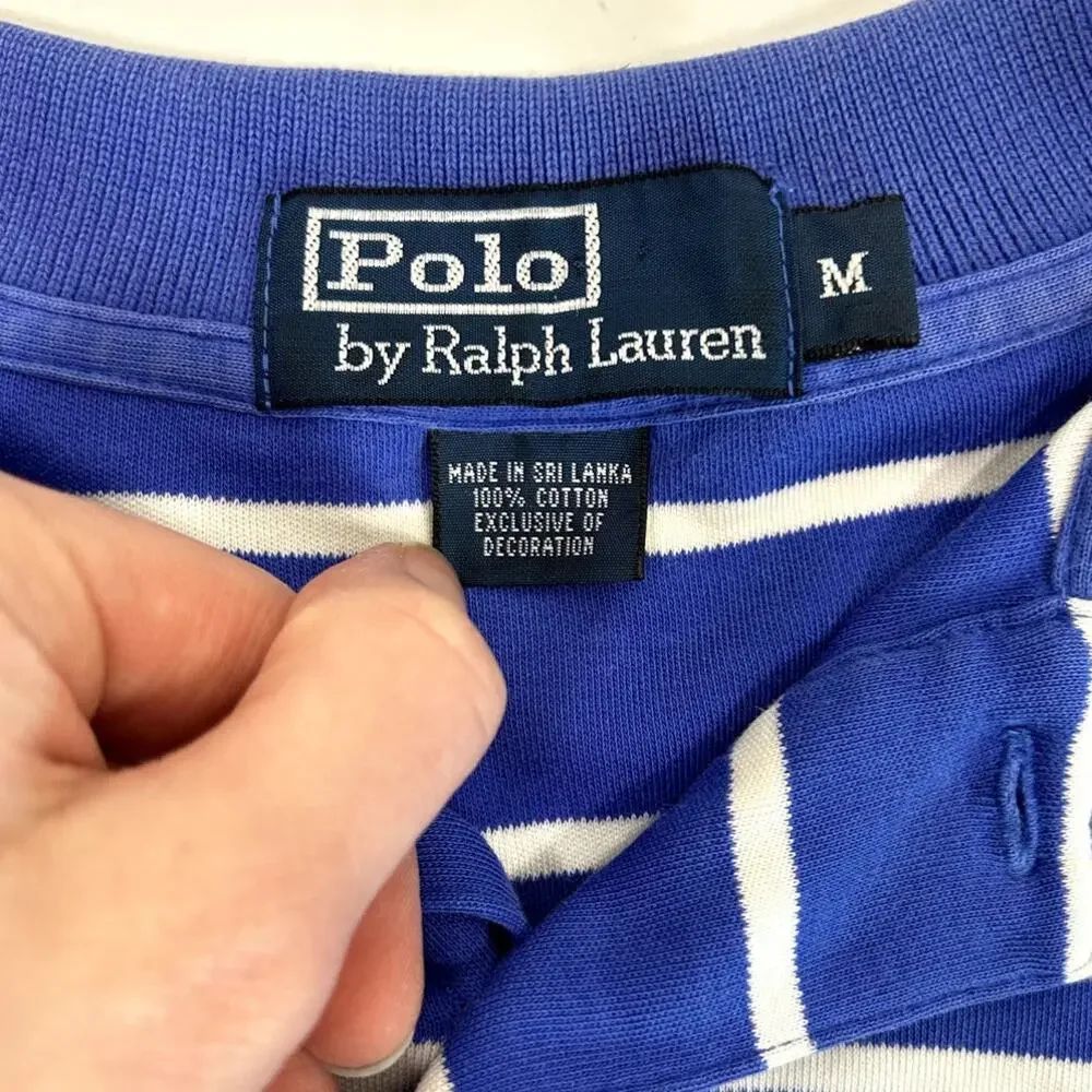Polo Ralph Lauren 100% Cotton Men's Short Sleeve Polo Shirt Blue Stripes Size M‎